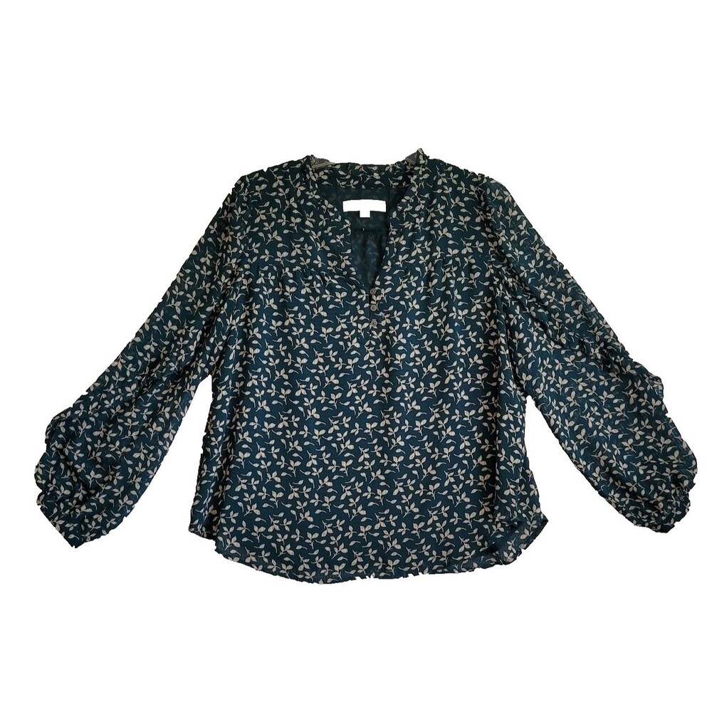 Loft Blouse PL Green Peasant Ruffle Neck Long Sleeve Sheer Lined Split Neck